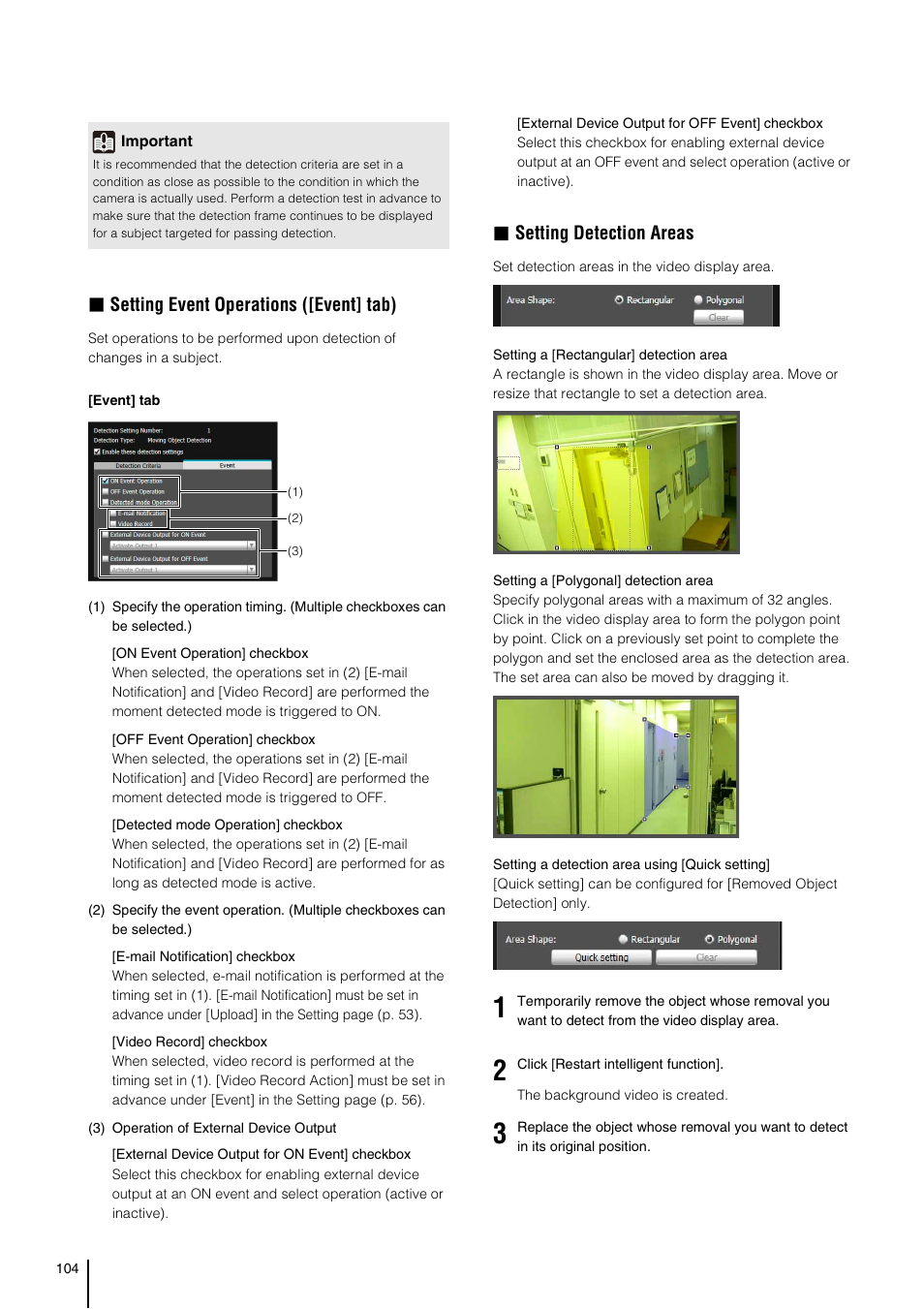 Tool (p. 104), P. 104), R (p. 104) | Tab p. 104), Setting event operations ([event] tab), Setting detection areas | Canon VB-S800D User Manual | Page 104 / 176