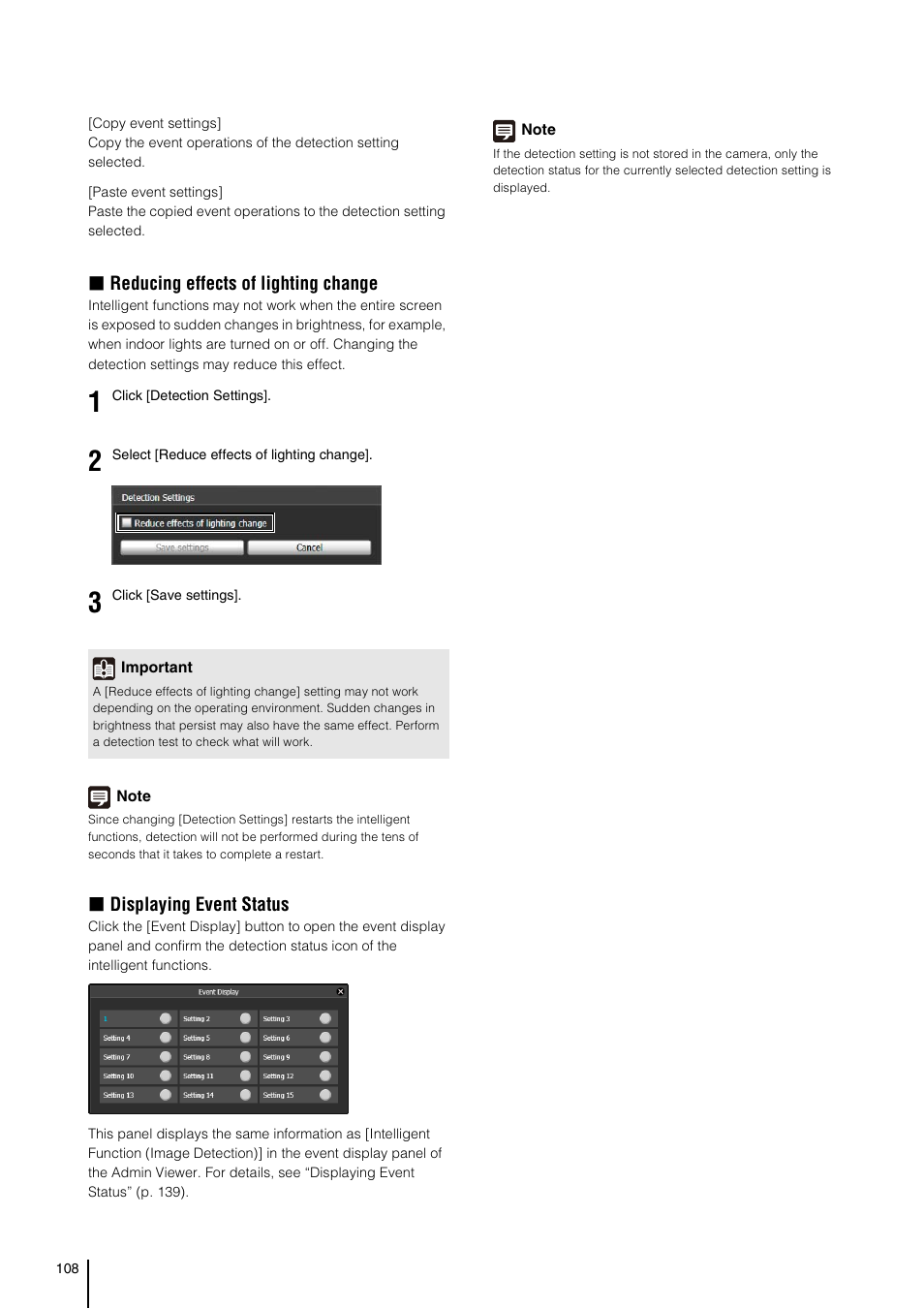 P. 108), P. 108, Reducing effects of lighting change | Displaying event status | Canon VB-S800D User Manual | Page 108 / 176