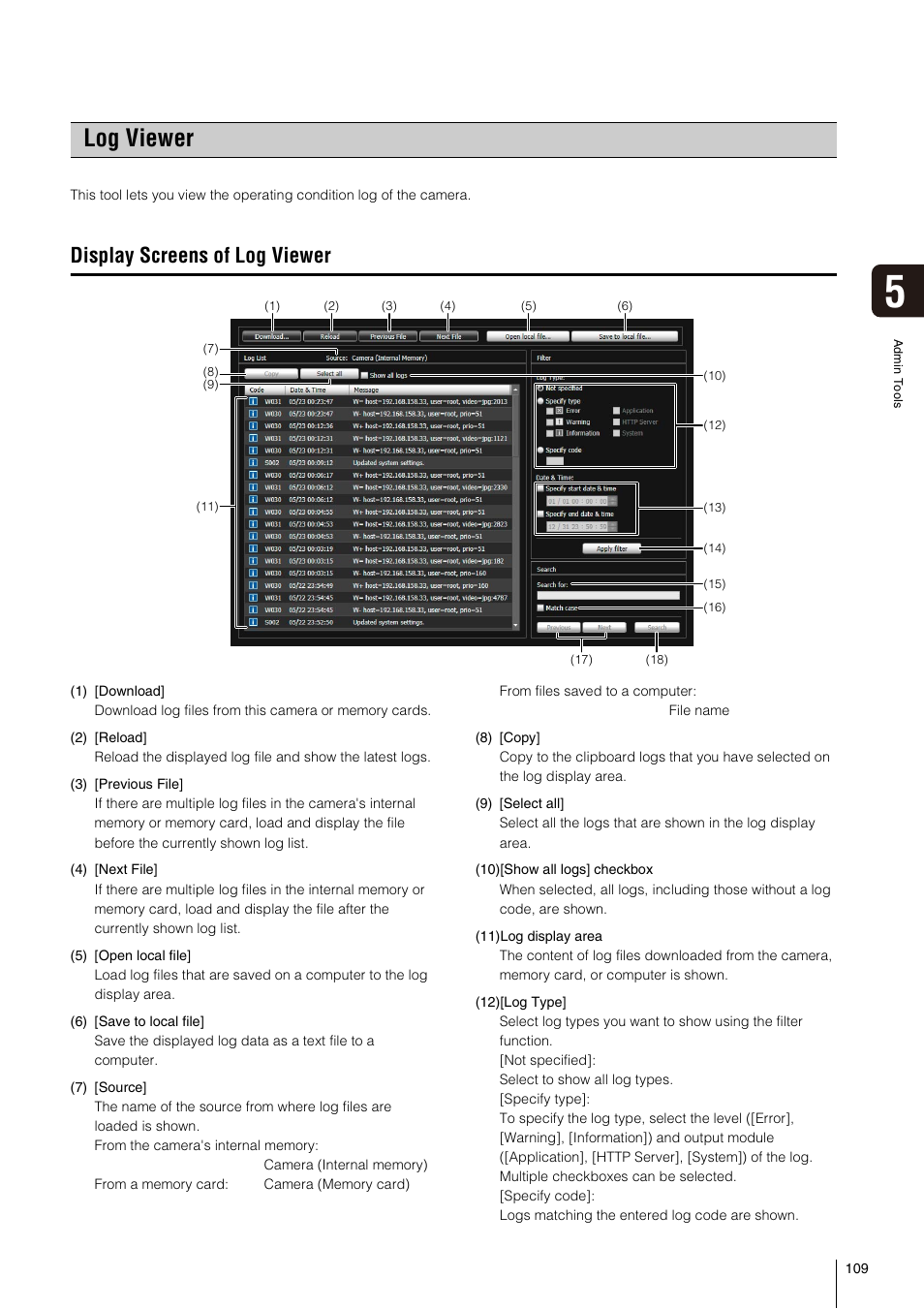 Log viewer, Display screens of log viewer, P. 109 | Canon VB-S800D User Manual | Page 109 / 176