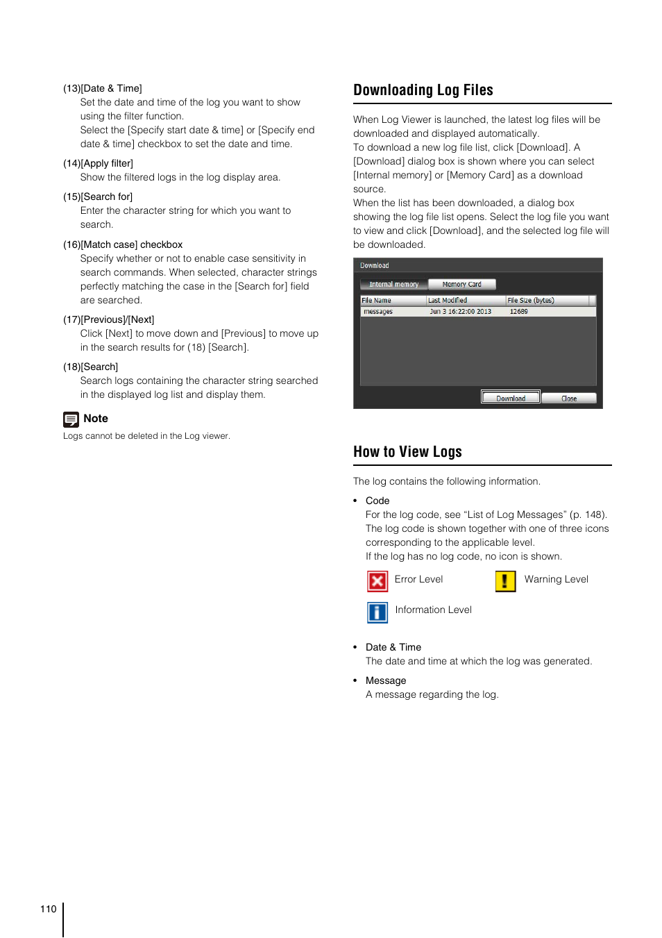 Downloading log files, How to view logs | Canon VB-S800D User Manual | Page 110 / 176