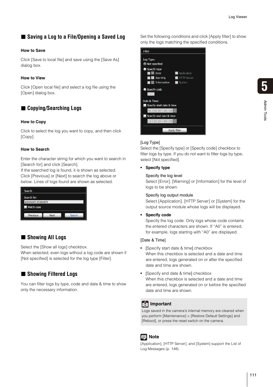 Saving a log to a file/opening a saved log, Copying/searching logs, Showing all logs | Showing filtered logs | Canon VB-S800D User Manual | Page 111 / 176