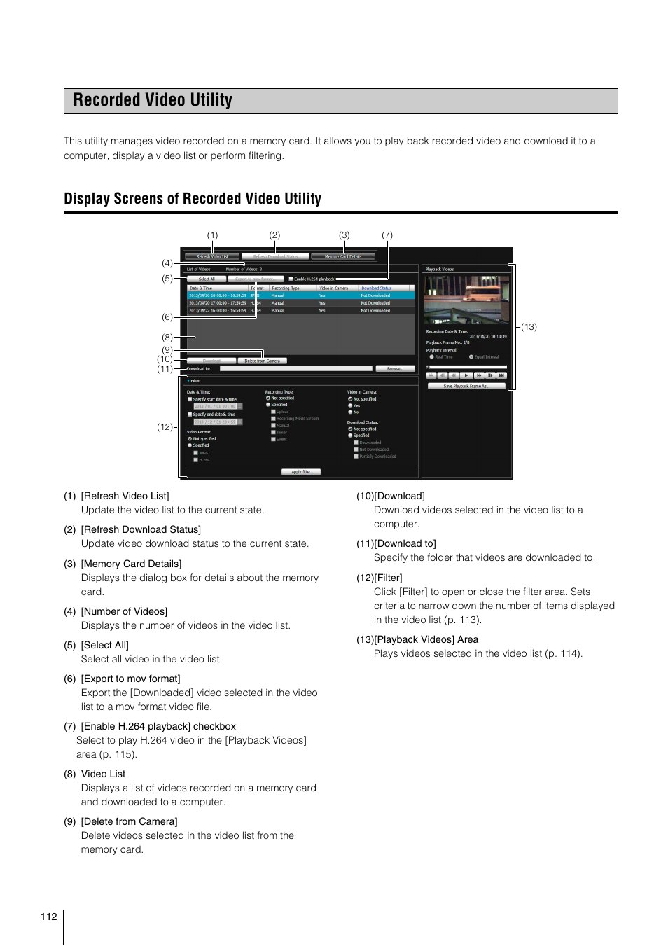 Recorded video utility, Display screens of recorded video utility, P. 112 | Canon VB-S800D User Manual | Page 112 / 176