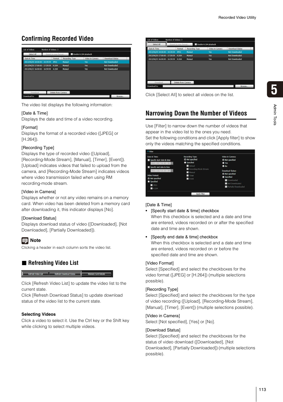 Confirming recorded video, Narrowing down the number of videos, Refreshing video list | Canon VB-S800D User Manual | Page 113 / 176