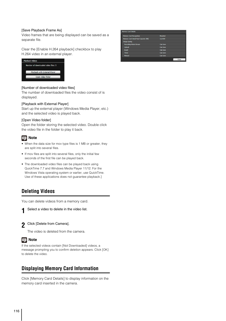 Deleting videos, Displaying memory card information | Canon VB-S800D User Manual | Page 116 / 176