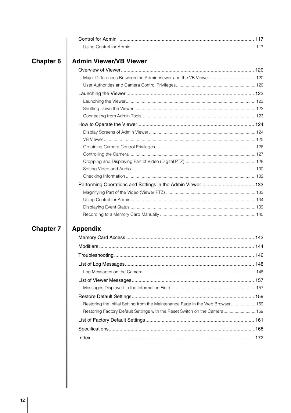 Chapter 6 admin viewer/vb viewer, Chapter 7 appendix | Canon VB-S800D User Manual | Page 12 / 176