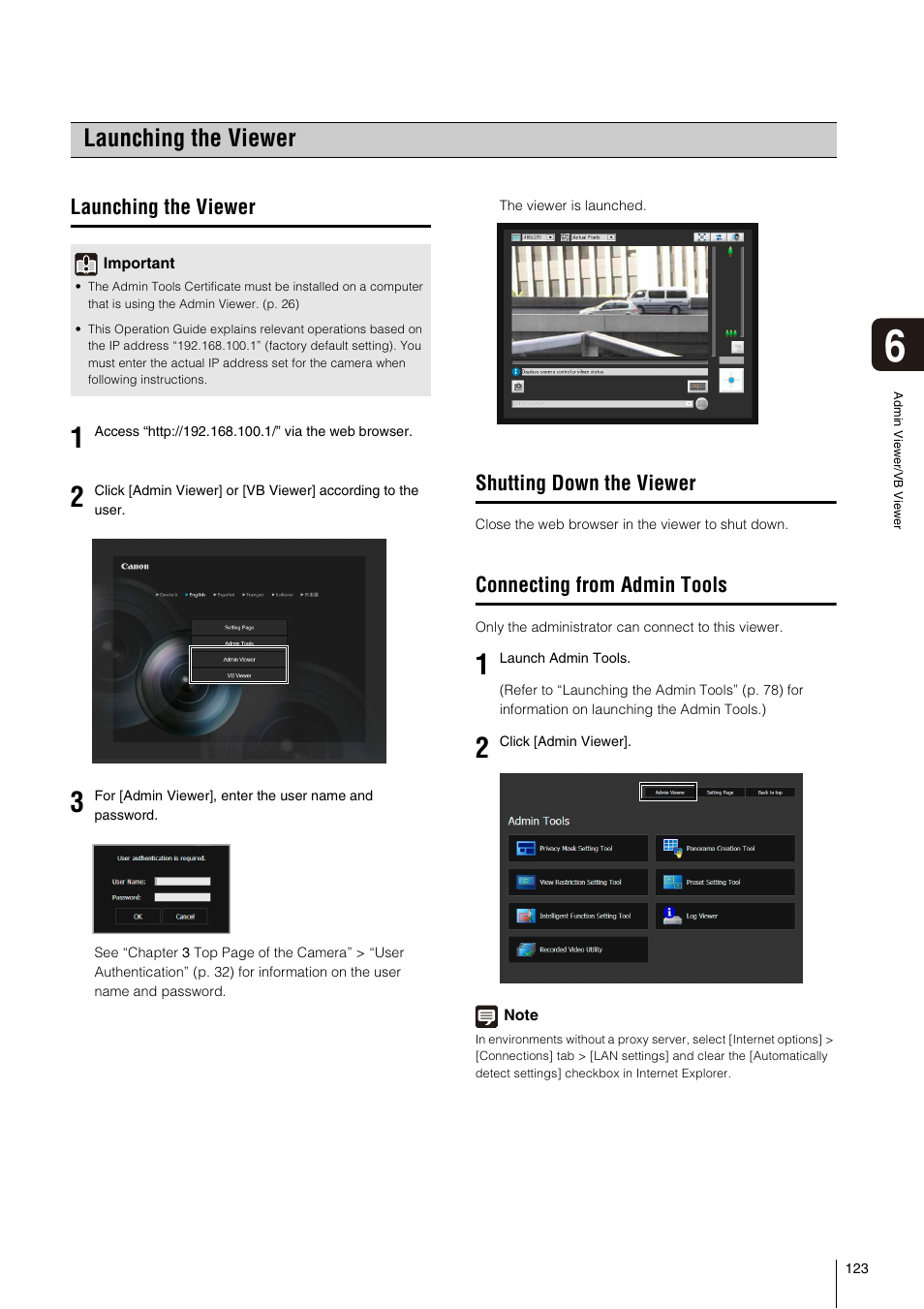 Launching the viewer, Shutting down the viewer, Connecting from admin tools | Canon VB-S800D User Manual | Page 123 / 176