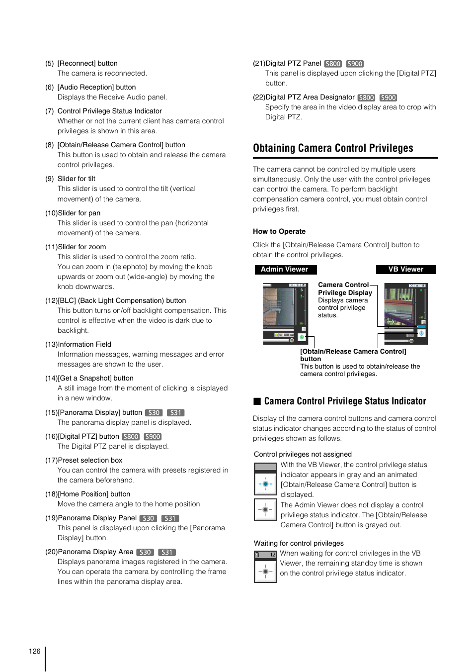 Obtaining camera control privileges, Obtaining camera, Control privileges” (p. 126 | Control privileges” (p. 126), Control privileges, P. 126, Camera control privilege status indicator | Canon VB-S800D User Manual | Page 126 / 176