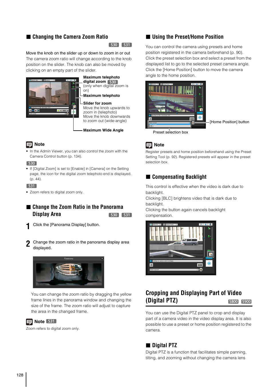 Changing the camera zoom ratio, Change the zoom ratio in the panorama display area, Using the preset/home position | Compensating backlight, Digital ptz | Canon VB-S800D User Manual | Page 128 / 176