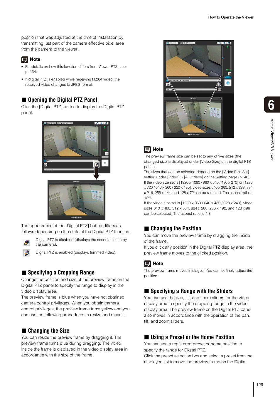 Opening the digital ptz panel, Specifying a cropping range, Changing the size | Changing the position, Specifying a range with the sliders, Using a preset or the home position | Canon VB-S800D User Manual | Page 129 / 176