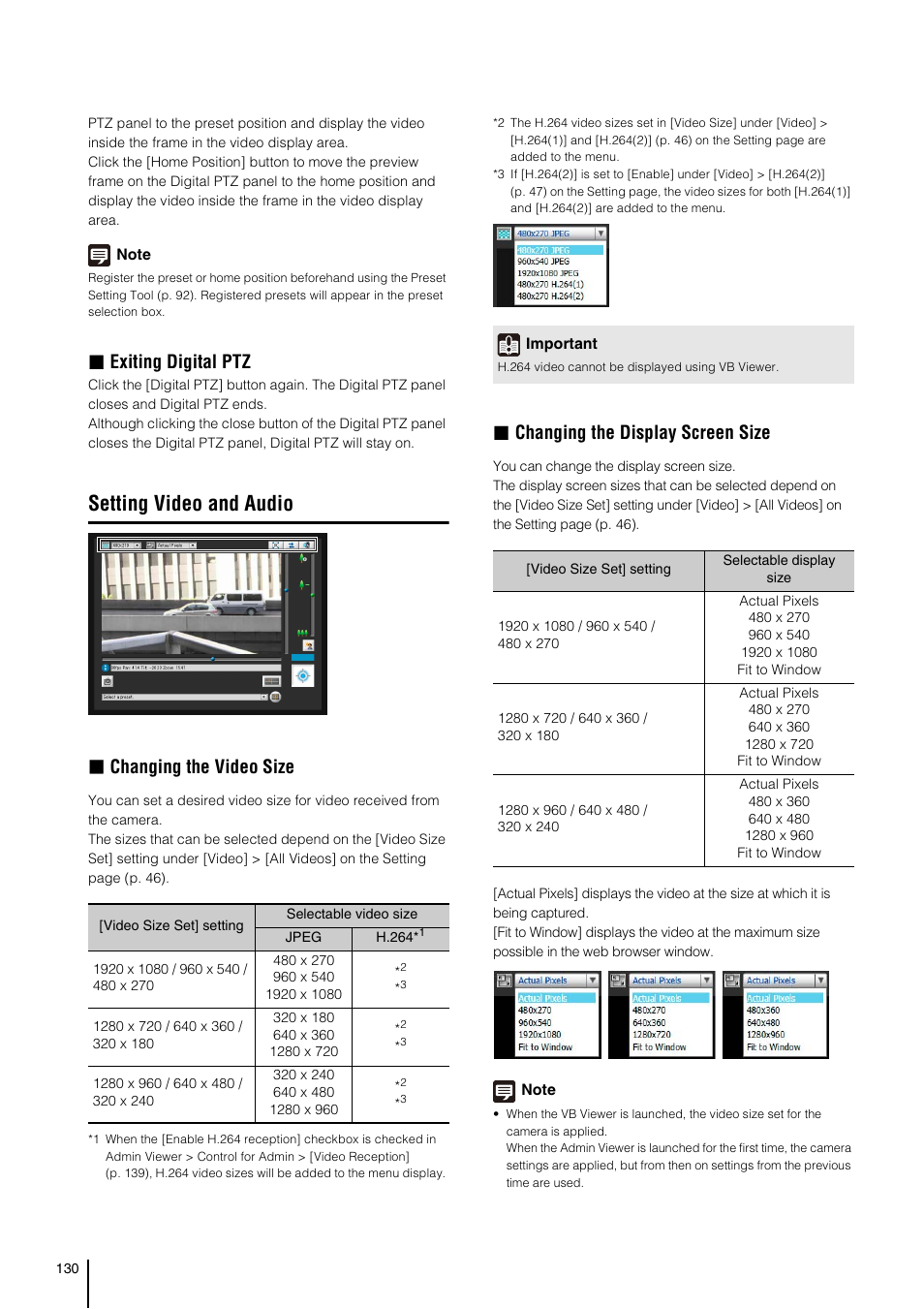 Setting video and audio, Exiting digital ptz, Changing the video size | Changing the display screen size | Canon VB-S800D User Manual | Page 130 / 176