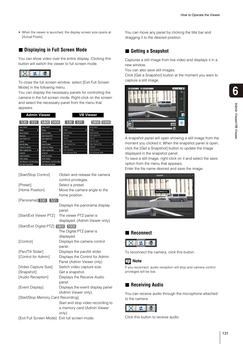 Displaying in full screen mode, Getting a snapshot, Reconnect | Receiving audio | Canon VB-S800D User Manual | Page 131 / 176