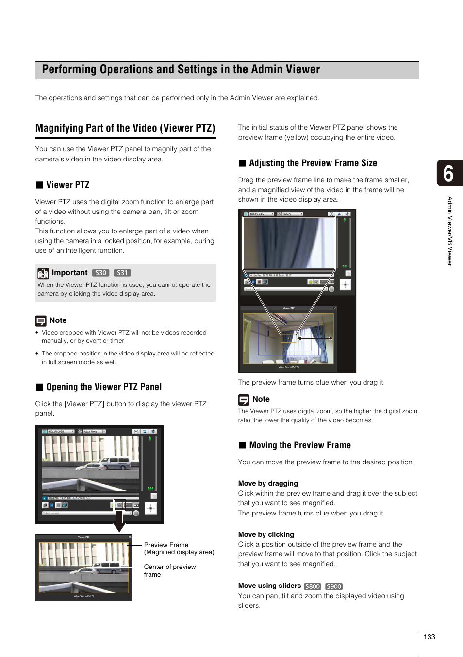 Magnifying part of the video (viewer ptz), Viewer ptz, Opening the viewer ptz panel | Adjusting the preview frame size, Moving the preview frame | Canon VB-S800D User Manual | Page 133 / 176