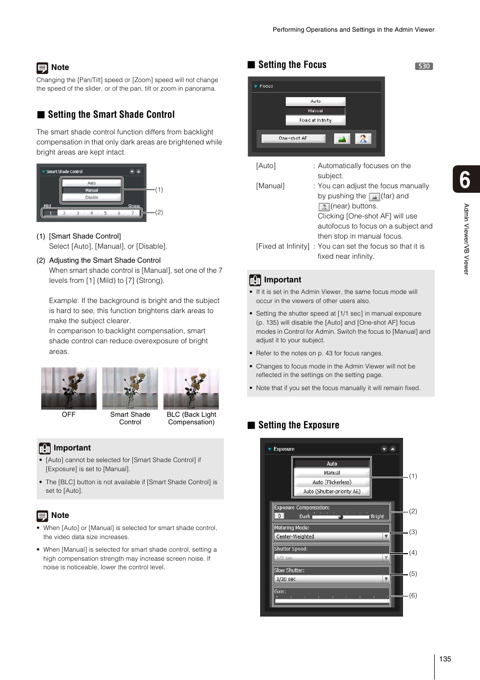 P. 135), Setting, The smart shade control” (p. 135) | Setting the focus, Setting the, Exposure” (p. 135), Setting the smart shade control, Setting the exposure | Canon VB-S800D User Manual | Page 135 / 176