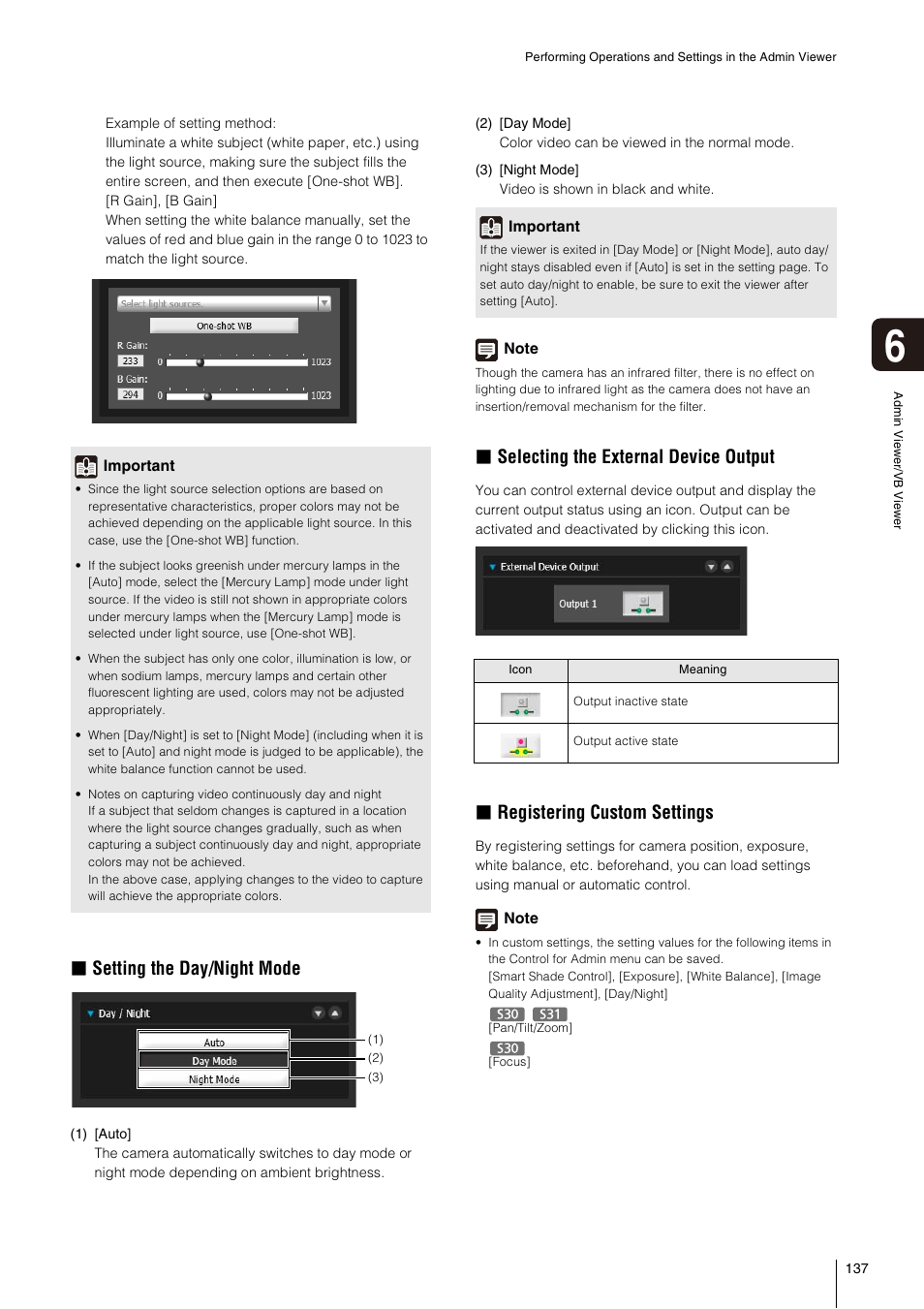 P. 137), Setting the day/night mode, Selecting the external device output | Registering custom settings | Canon VB-S800D User Manual | Page 137 / 176