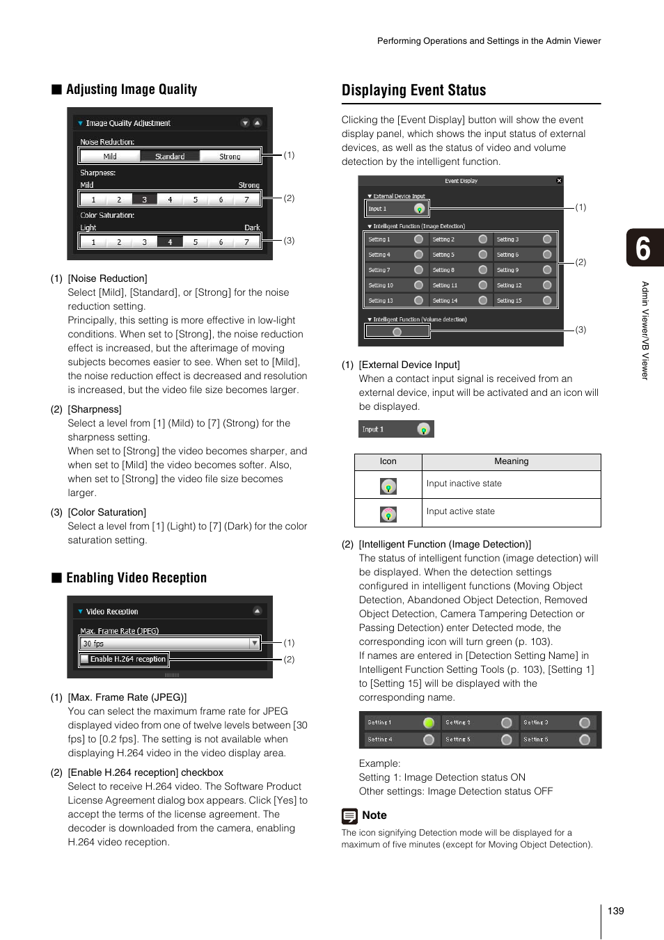 Displaying event status, P. 139, P. 139) | Adjusting image quality, Enabling video reception | Canon VB-S800D User Manual | Page 139 / 176