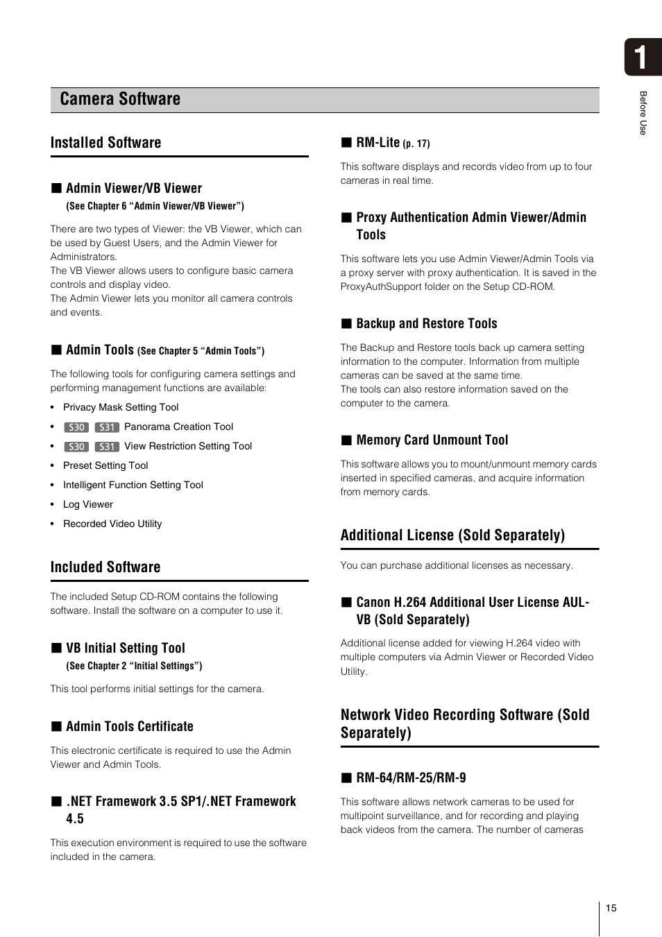 Camera software, Installed software, Included software | Additional license (sold separately), Network video recording software (sold separately) | Canon VB-S800D User Manual | Page 15 / 176