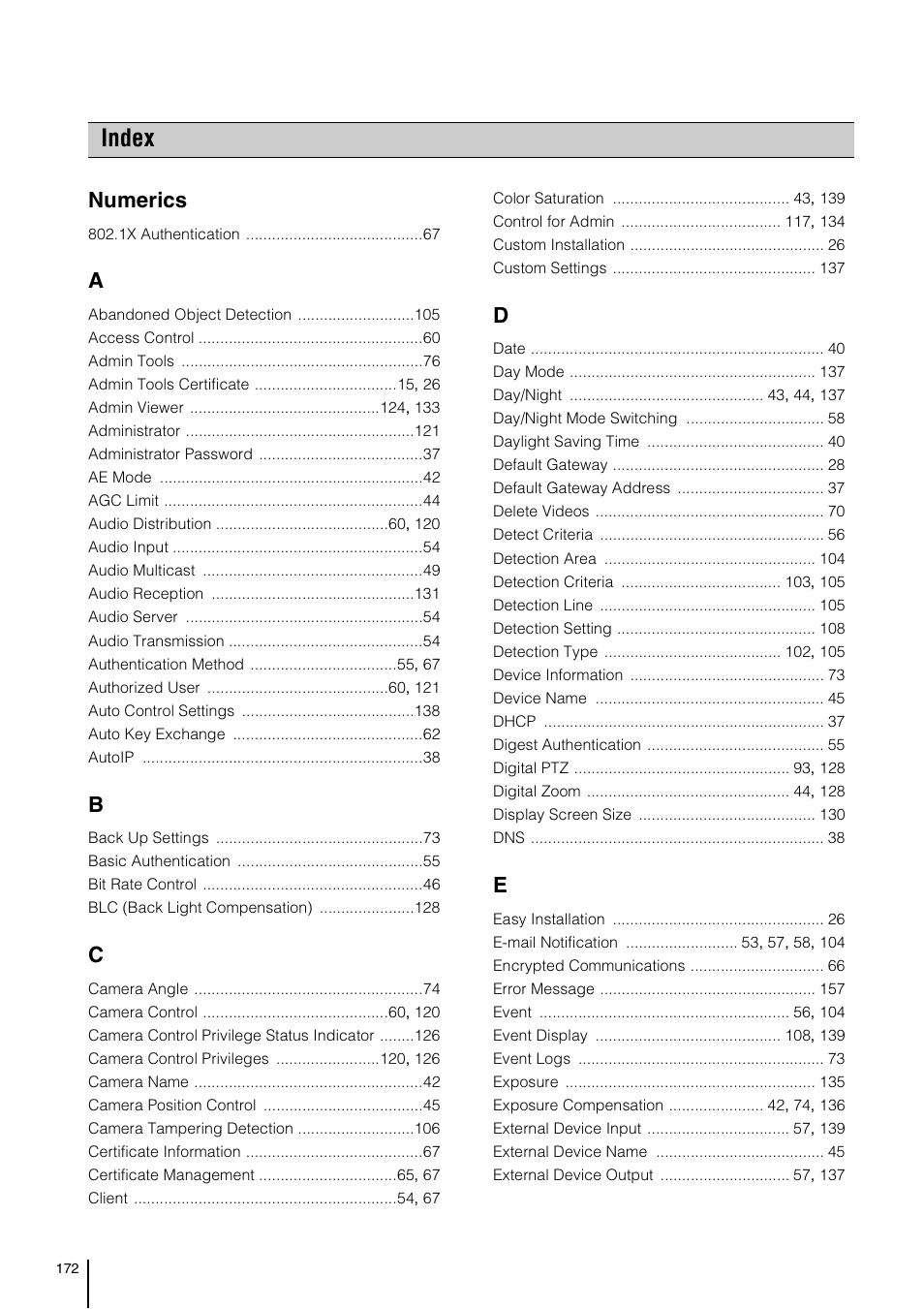 Index, Numerics | Canon VB-S800D User Manual | Page 172 / 176