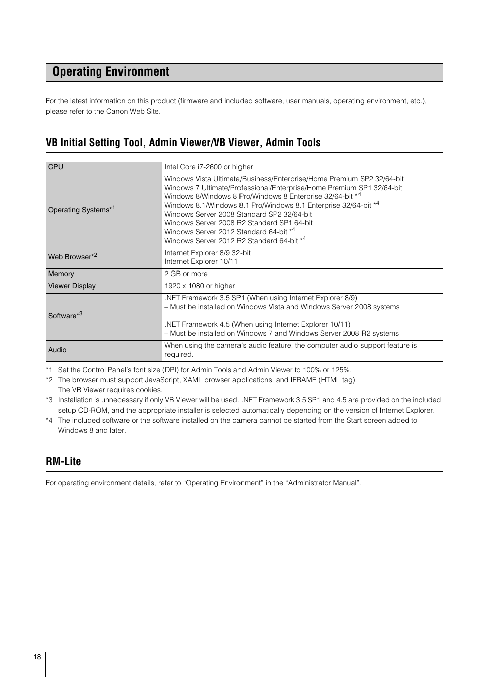 Operating environment, Rm-lite | Canon VB-S800D User Manual | Page 18 / 176