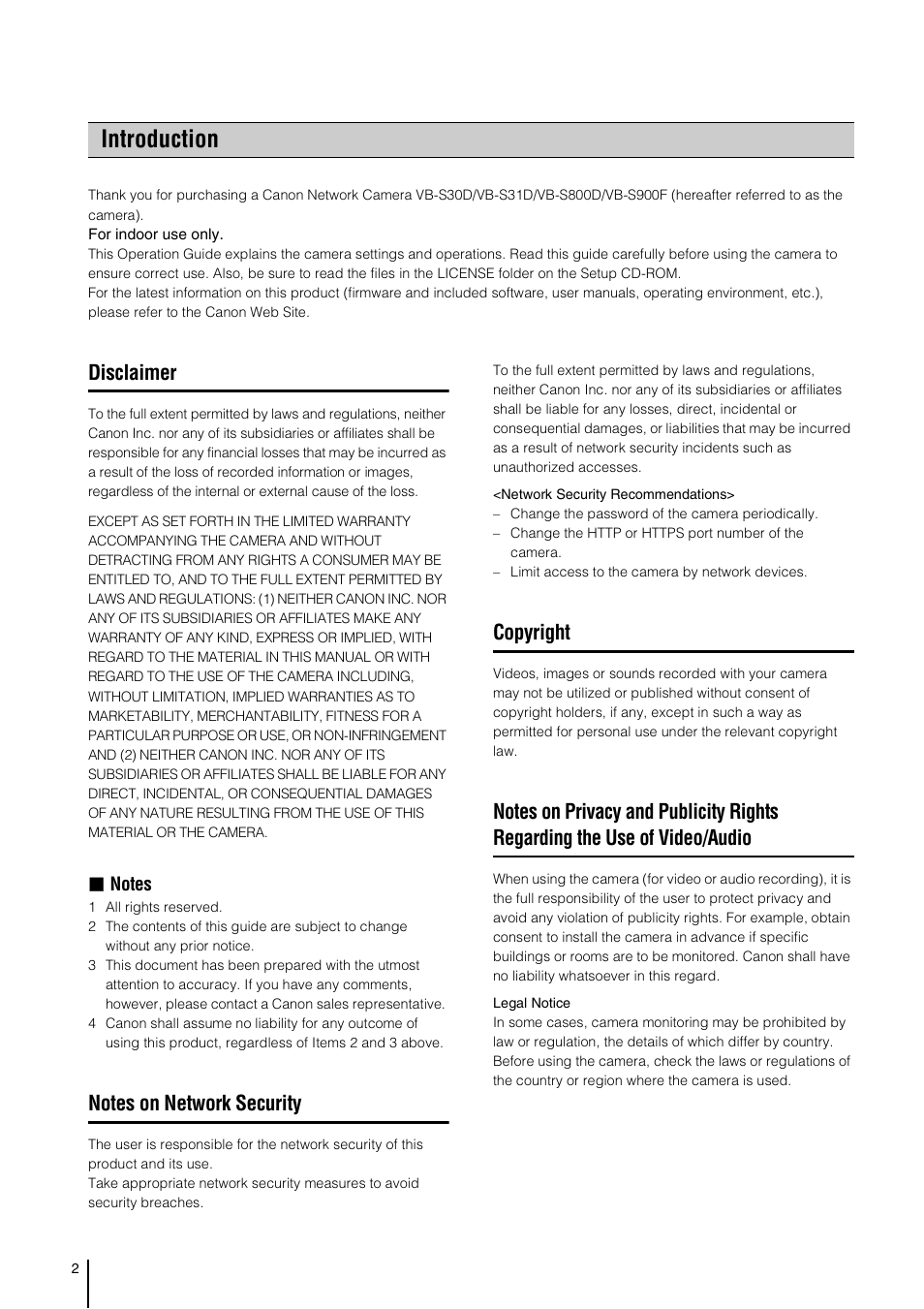 Introduction, Disclaimer, Notes on network security | Copyright | Canon VB-S800D User Manual | Page 2 / 176