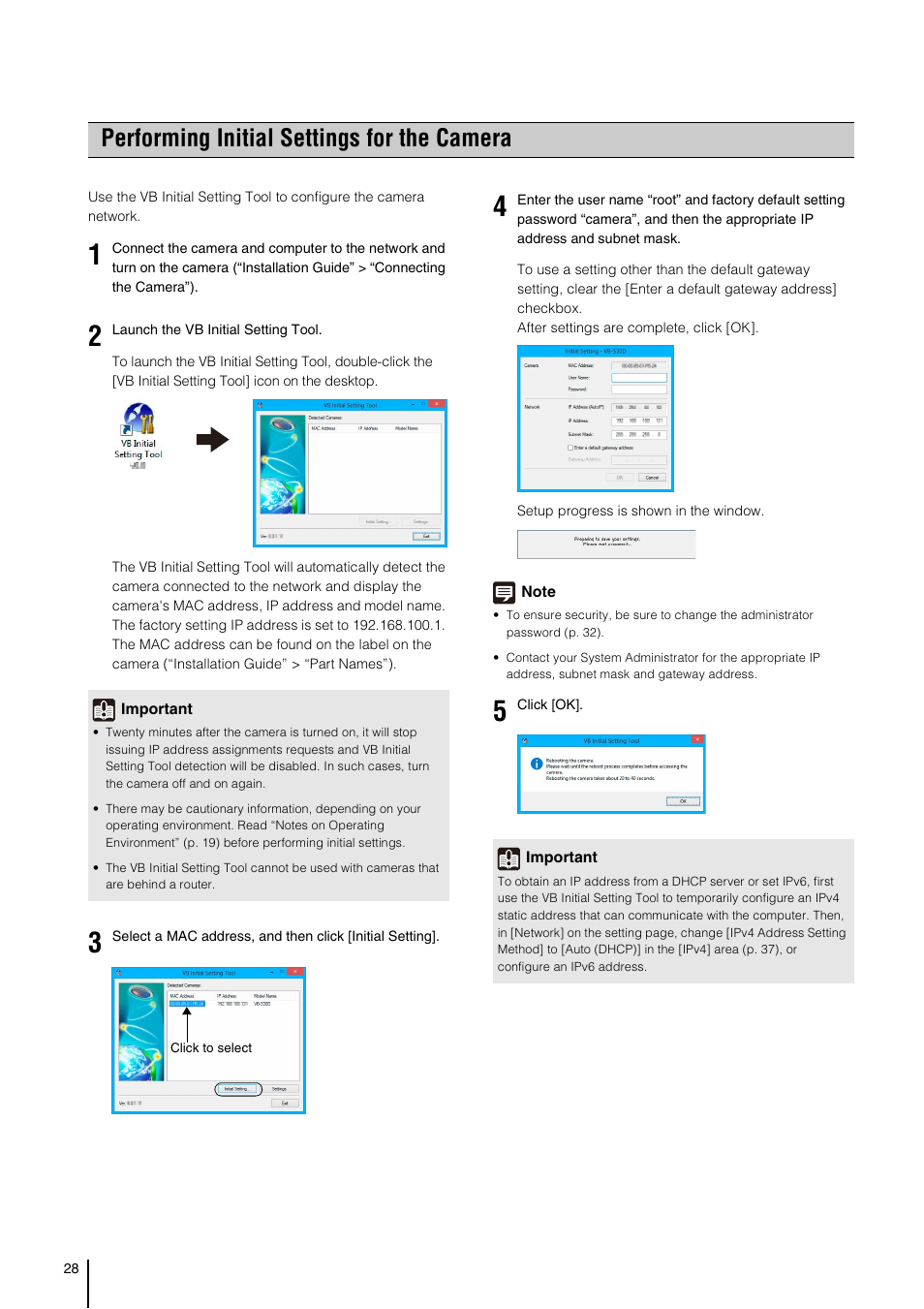 Performing initial settings for the camera | Canon VB-S800D User Manual | Page 28 / 176