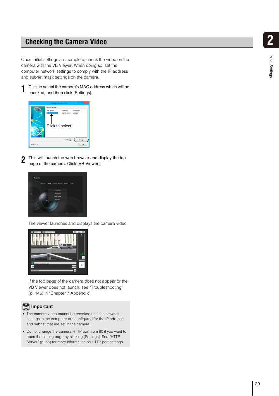 Checking the camera video, Checking the camera video” (p. 29) | Canon VB-S800D User Manual | Page 29 / 176