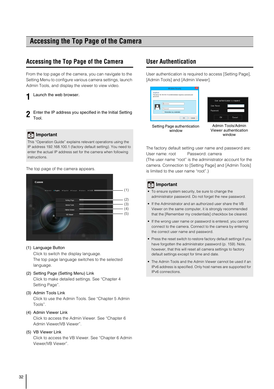 User authentication, Accessing the top page of the camera | Canon VB-S800D User Manual | Page 32 / 176