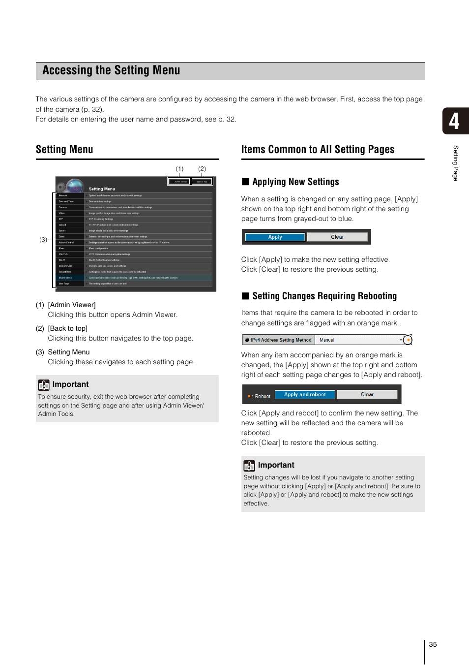 Accessing the setting menu, Setting menu, Items common to all setting pages | Applying new settings, Setting changes requiring rebooting | Canon VB-S800D User Manual | Page 35 / 176