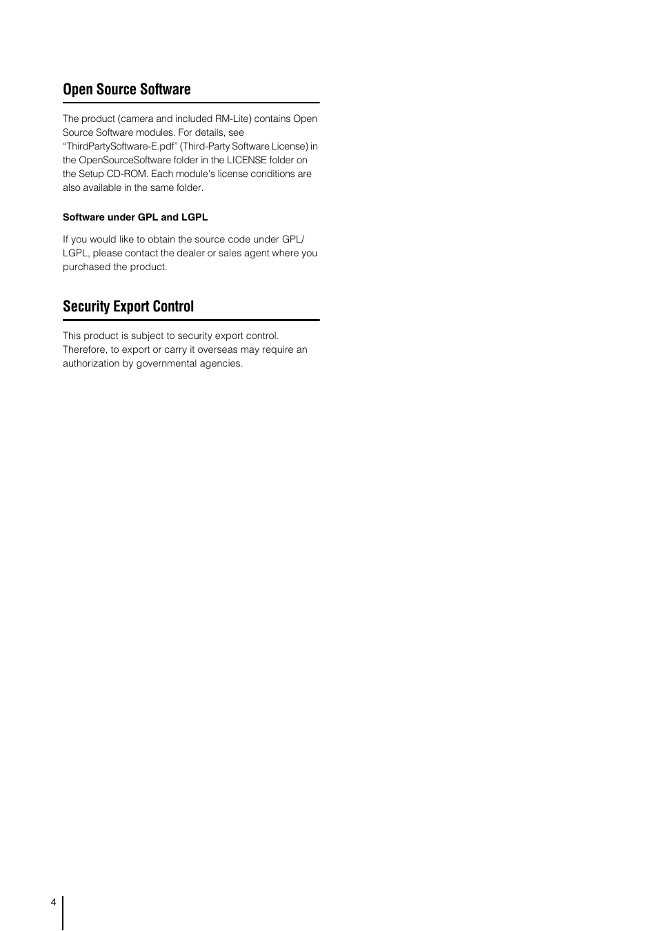 Open source software, Security export control | Canon VB-S800D User Manual | Page 4 / 176