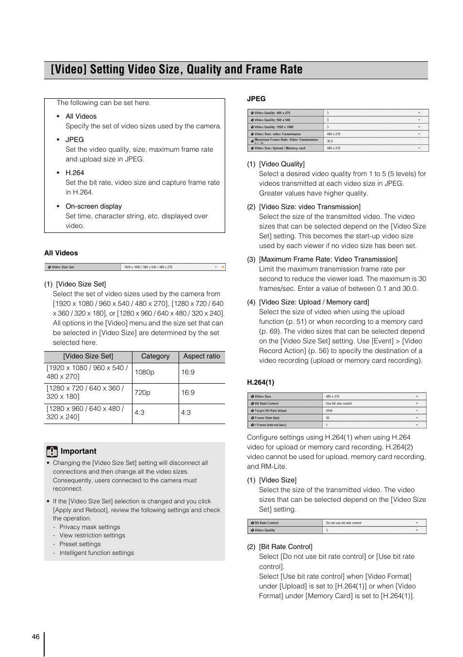 Video] setting video size, quality and frame rate, P. 46) | Canon VB-S800D User Manual | Page 46 / 176