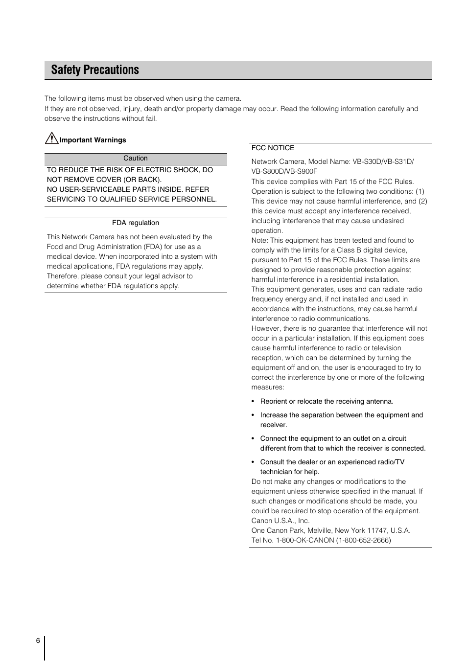 Safety precautions | Canon VB-S800D User Manual | Page 6 / 176