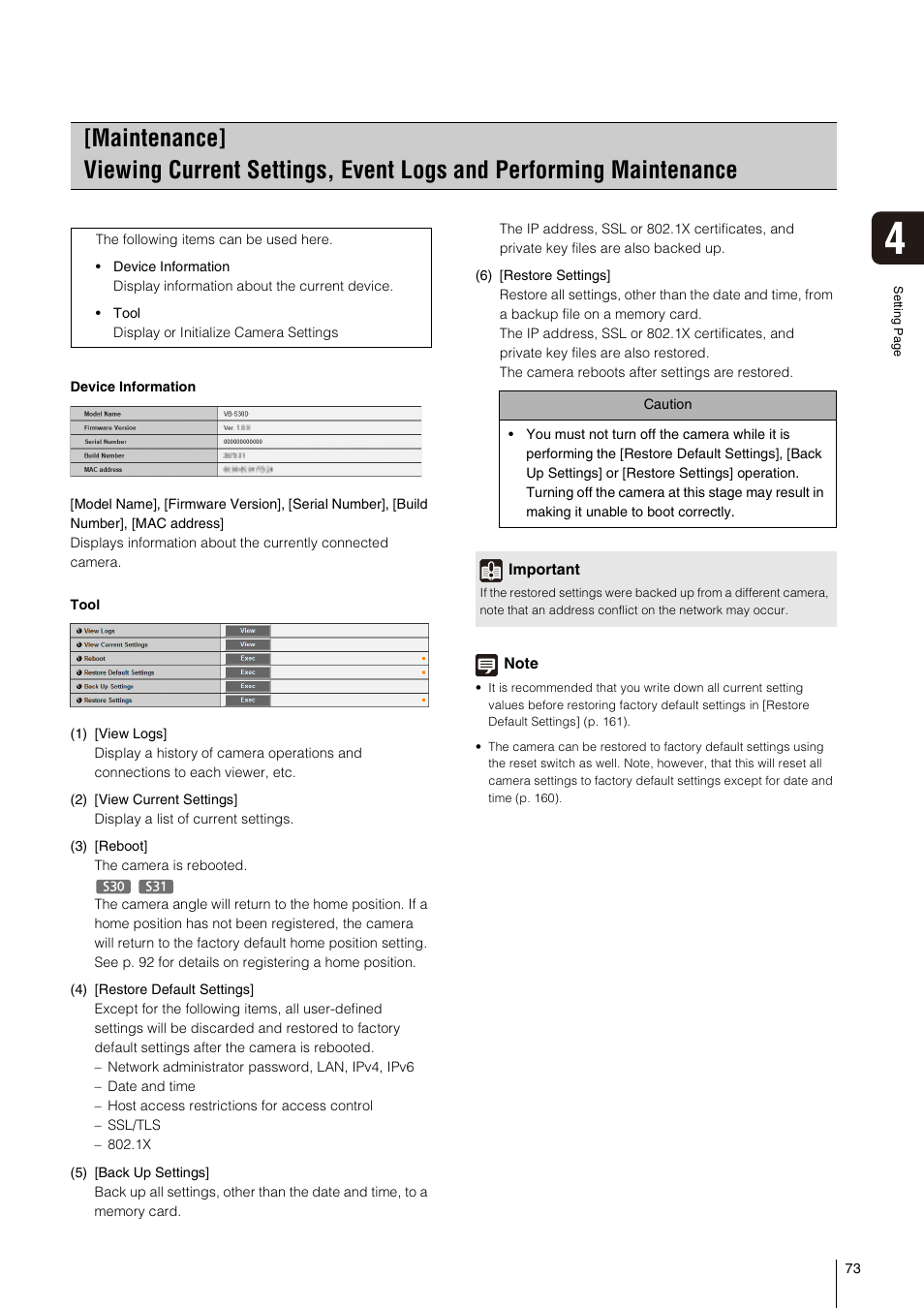 Performing maintenance, P. 73), P. 73 | Canon VB-S800D User Manual | Page 73 / 176