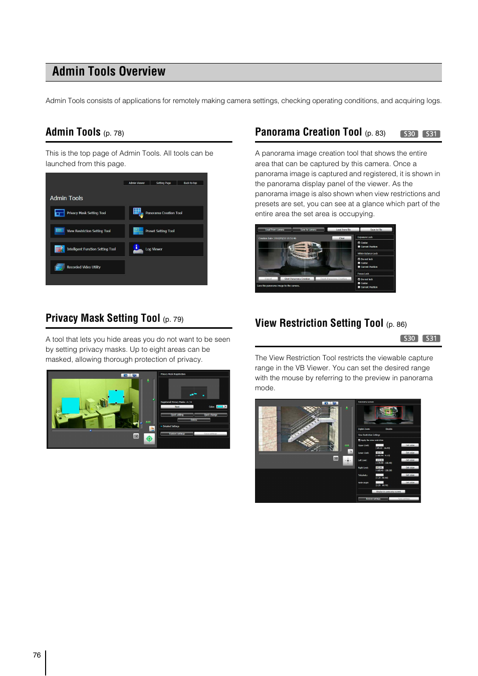 Admin tools overview, Admin tools, Privacy mask setting tool | Panorama creation tool, View restriction setting tool | Canon VB-S800D User Manual | Page 76 / 176