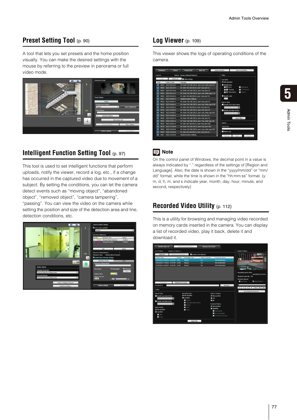 Preset setting tool, Intelligent function setting tool, Log viewer | Recorded video utility, Ccurrence (p. 77) | Canon VB-S800D User Manual | Page 77 / 176