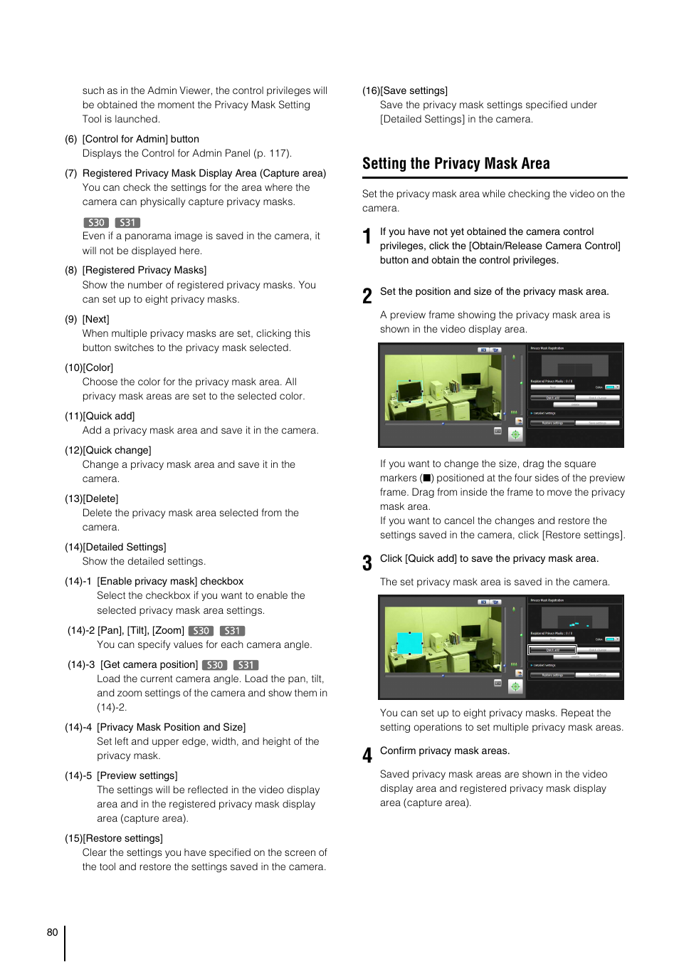 Setting the privacy mask area | Canon VB-S800D User Manual | Page 80 / 176