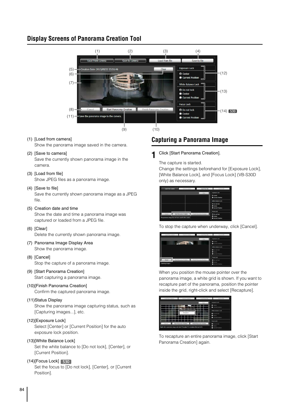 Display screens of panorama creation tool, Capturing a panorama image | Canon VB-S800D User Manual | Page 84 / 176