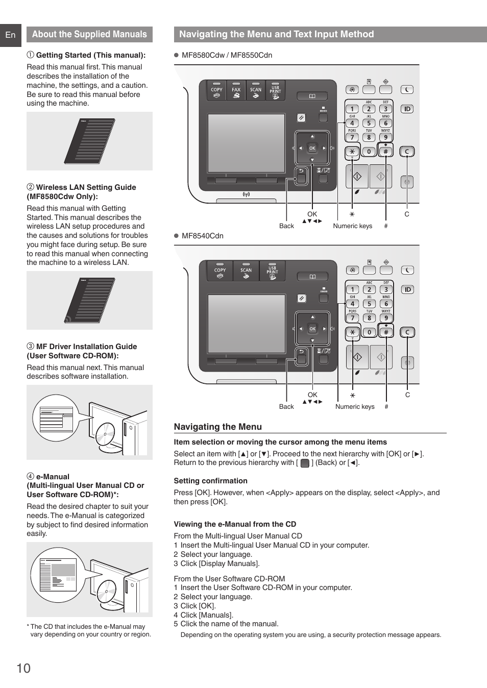 About the supplied manuals, Navigating the menu and text input method | Canon i-SENSYS MF8580Cdw User Manual | Page 10 / 292