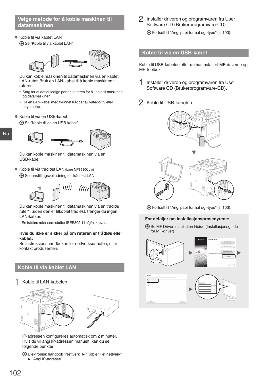 Velge metode for å koble maskinen, Til datamaskinen, Koble til via kablet lan | Koble til via en usb-kabel, Tsett til ”koble til via kablet lan” (s. 102), Tsett til ”koble til via en usb-kabel” (s. 102) | Canon i-SENSYS MF8580Cdw User Manual | Page 102 / 292
