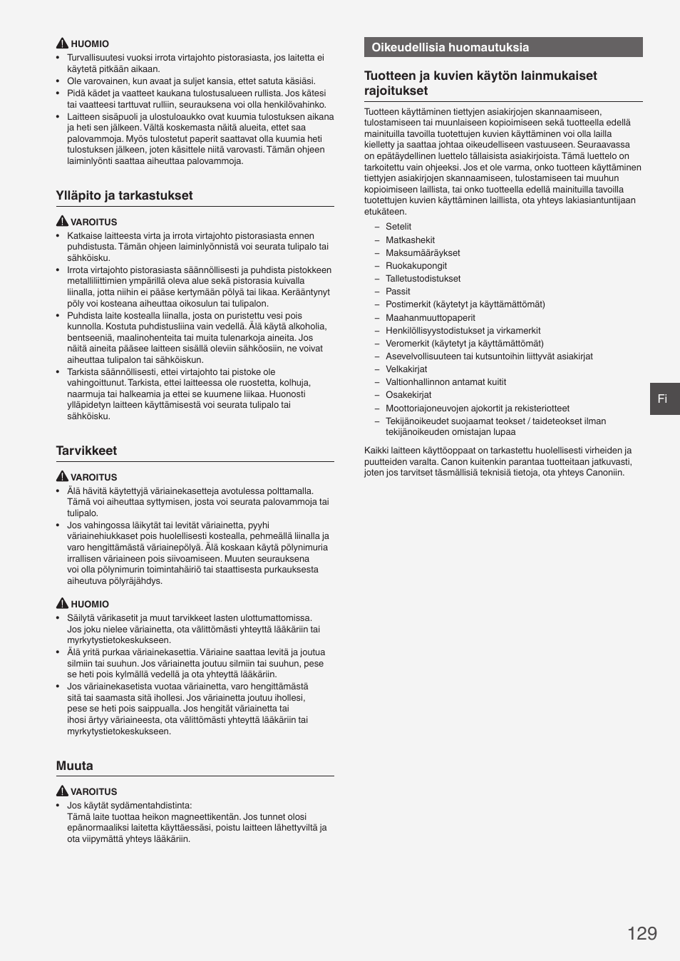 Ylläpito ja tarkastukset, Tarvikkeet, Muuta | Tuotteen ja kuvien käytön lainmukaiset rajoitukset, Oikeudellisia huomautuksia | Canon i-SENSYS MF8580Cdw User Manual | Page 129 / 292