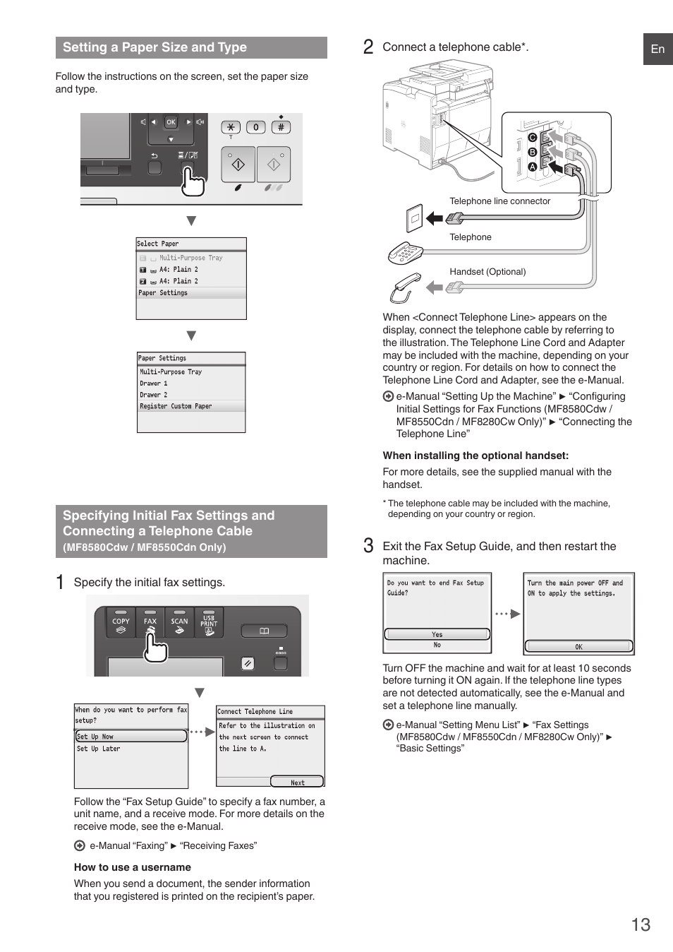 Setting a paper size and type, Specifying initial fax settings and, Connecting a telephone cable | Mf8580cdw / mf8550cdn only) | Canon i-SENSYS MF8580Cdw User Manual | Page 13 / 292