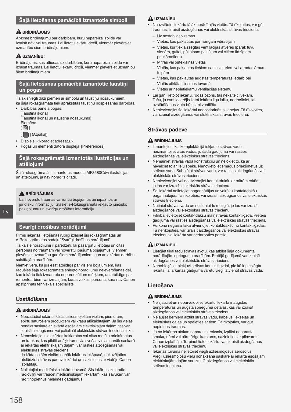 Uzstādīšana, Strāvas padeve, Lietošana | Lv šajā lietošanas pamācībā izmantotie simboli, Svarīgi drošības norādījumi | Canon i-SENSYS MF8580Cdw User Manual | Page 158 / 292