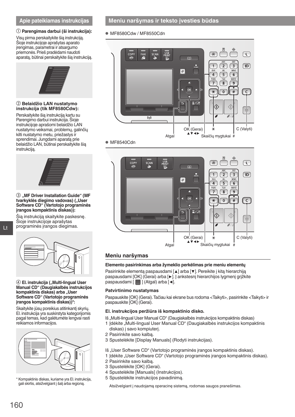 Apie pateikiamas instrukcijas, Meniu naršymas ir teksto įvesties būdas | Canon i-SENSYS MF8580Cdw User Manual | Page 160 / 292
