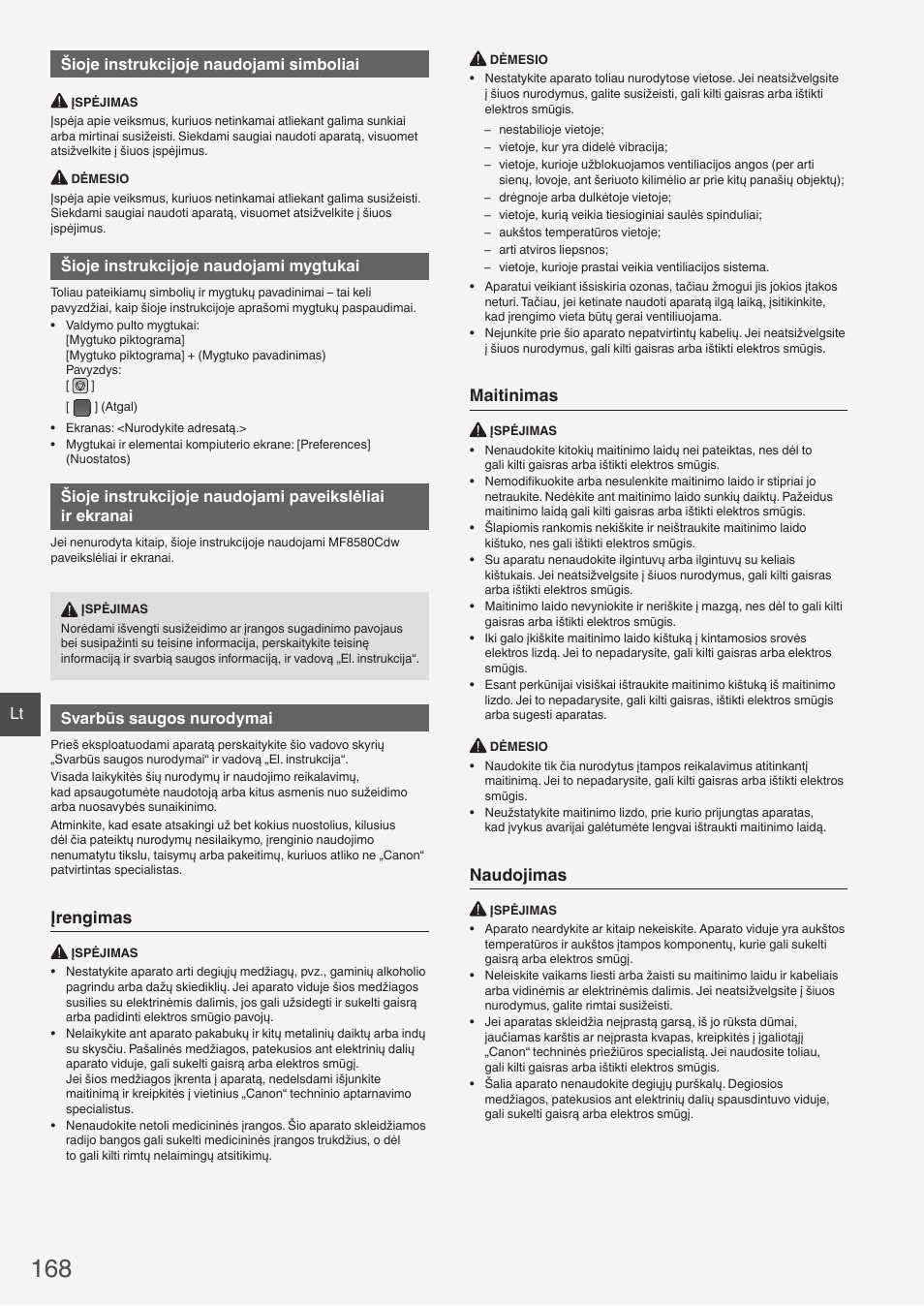 Įrengimas, Maitinimas, Naudojimas | Lt šioje instrukcijoje naudojami simboliai, Šioje instrukcijoje naudojami mygtukai, Svarbūs saugos nurodymai | Canon i-SENSYS MF8580Cdw User Manual | Page 168 / 292