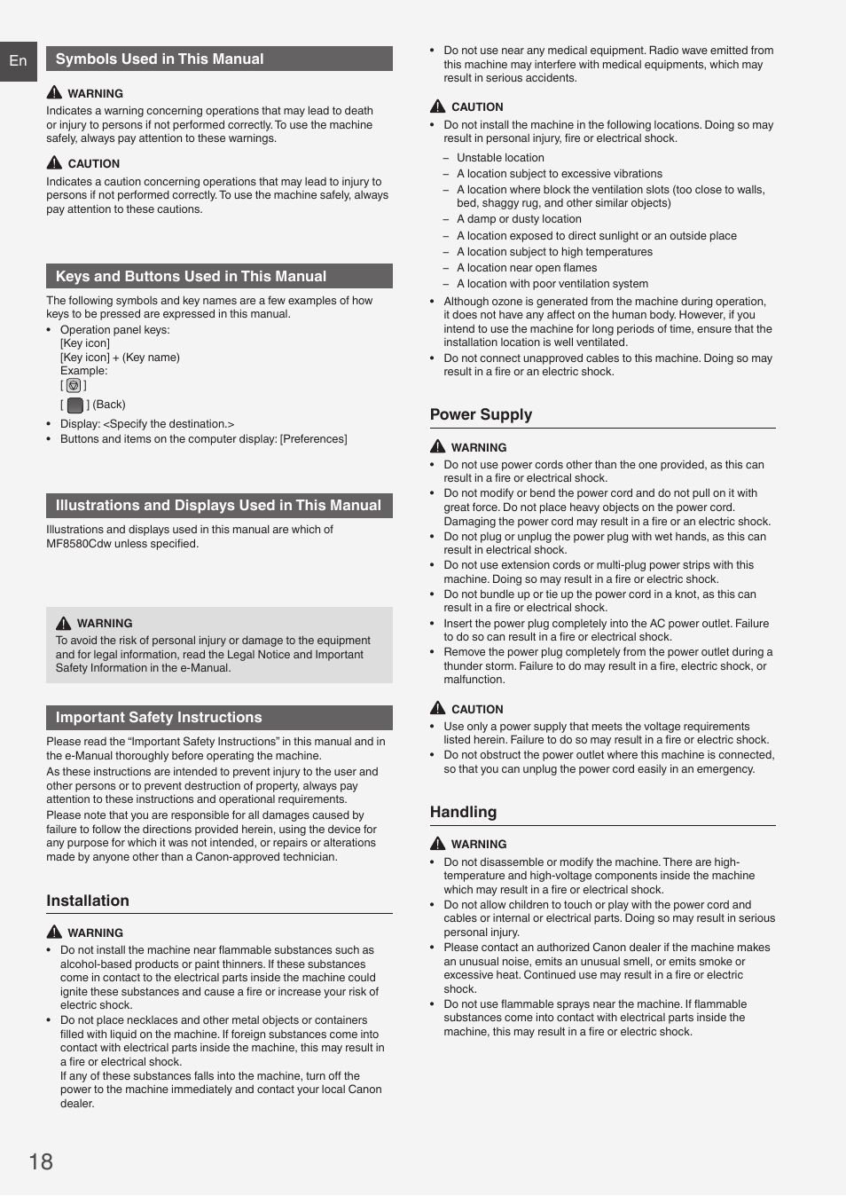 Installation, Power supply, Handling | En symbols used in this manual, Keys and buttons used in this manual, Illustrations and displays used in this manual, Important safety instructions | Canon i-SENSYS MF8580Cdw User Manual | Page 18 / 292