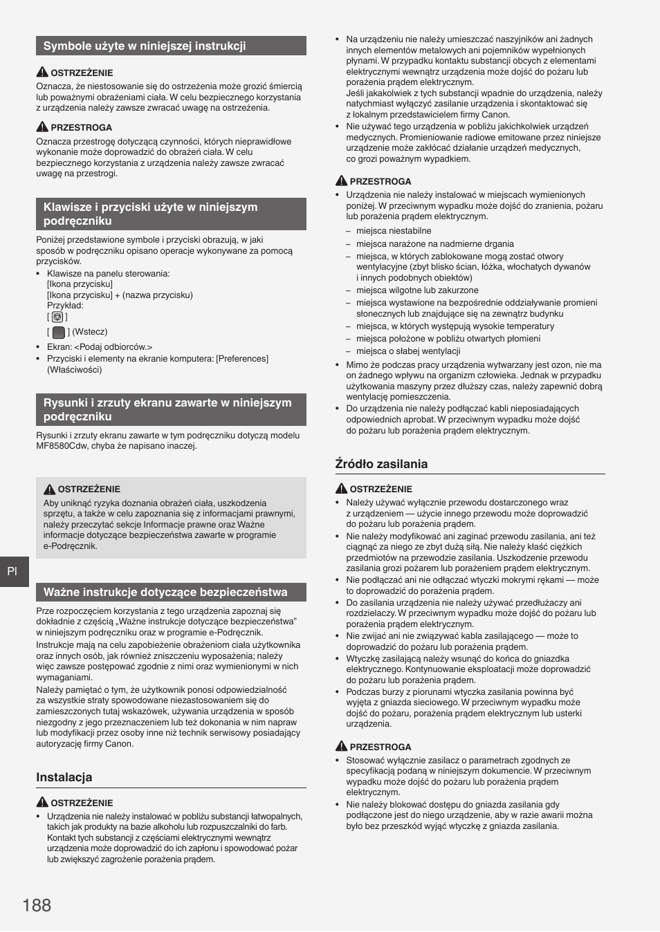 Instalacja, Źródło zasilania, Pl symbole użyte w niniejszej instrukcji | Ważne instrukcje dotyczące bezpieczeństwa | Canon i-SENSYS MF8580Cdw User Manual | Page 188 / 292
