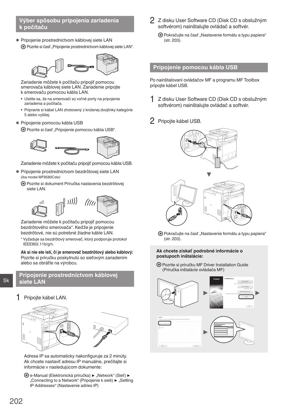 Výber spôsobu pripojenia zariadenia, K počítaču, Pripojenie prostredníctvom káblovej | Siete lan, Pripojenie pomocou kábla usb | Canon i-SENSYS MF8580Cdw User Manual | Page 202 / 292