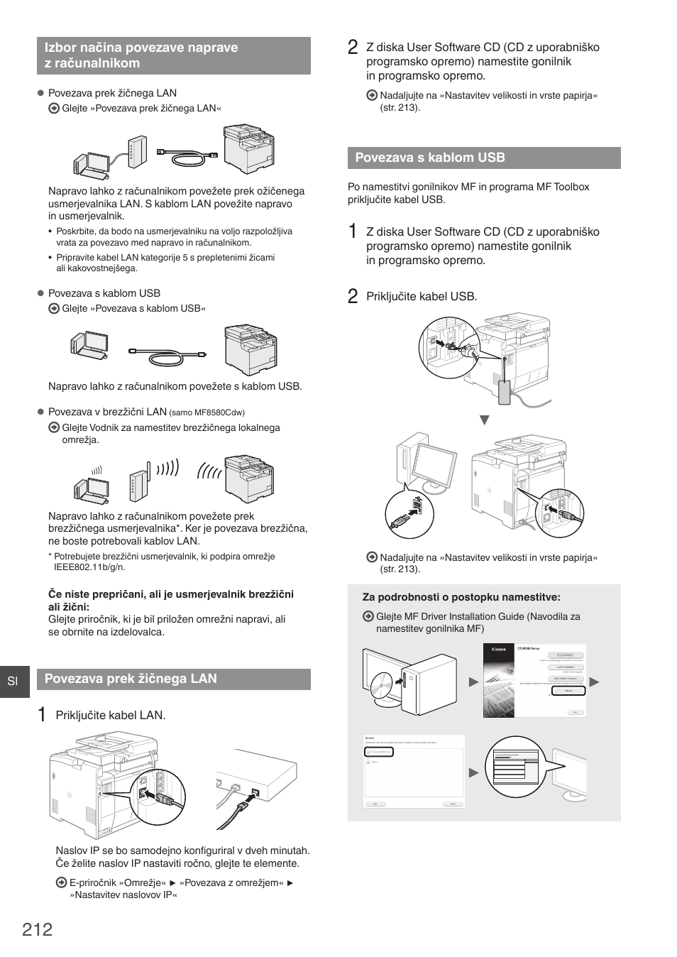 Izbor načina povezave naprave, Z računalnikom, Povezava prek žičnega lan | Povezava s kablom usb | Canon i-SENSYS MF8580Cdw User Manual | Page 212 / 292