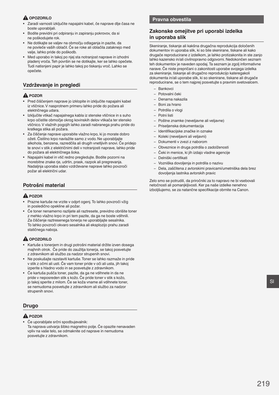 Vzdrževanje in pregledi, Potrošni material, Drugo | Pravna obvestila | Canon i-SENSYS MF8580Cdw User Manual | Page 219 / 292