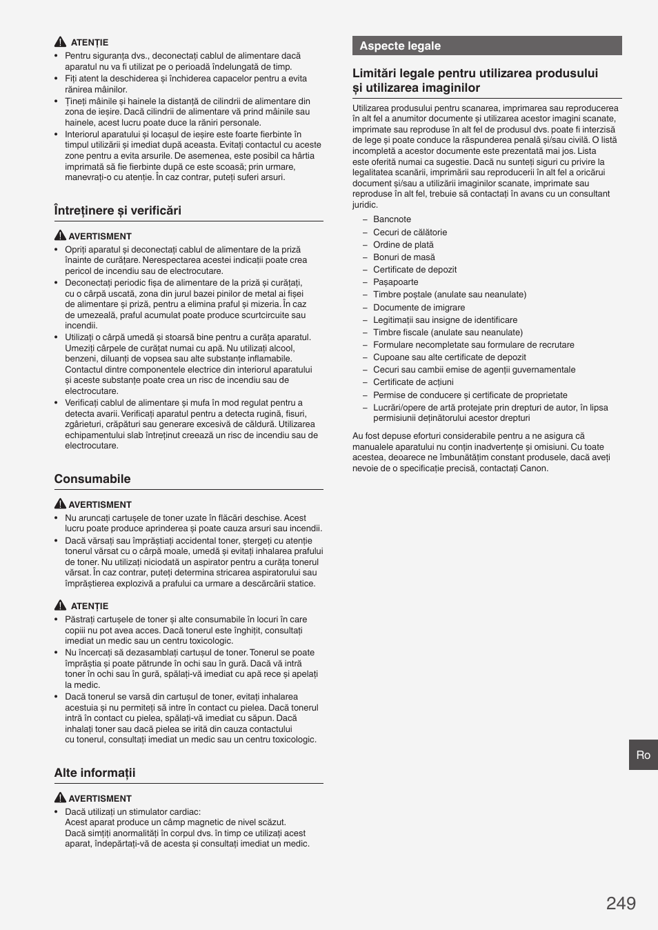 Întreţinere şi verificări, Consumabile, Alte informaţii | Aspecte legale | Canon i-SENSYS MF8580Cdw User Manual | Page 249 / 292