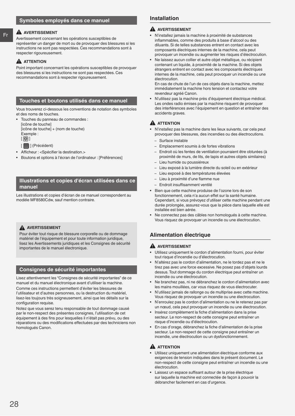 Installation, Alimentation électrique, Fr symboles employés dans ce manuel | Touches et boutons utilisés dans ce manuel, Consignes de sécurité importantes | Canon i-SENSYS MF8580Cdw User Manual | Page 28 / 292