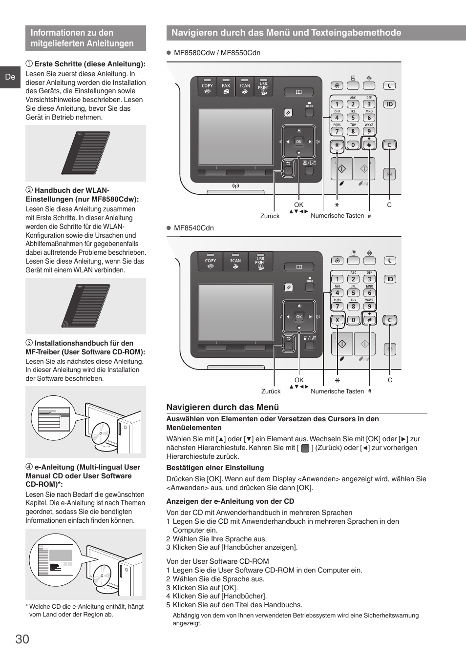Informationen zu den mitgelieferten, Anleitungen, Navigieren durch das menü und | Texteingabemethode, Informationen zu den mitgelieferten anleitungen, Navigieren durch das menü und texteingabemethode | Canon i-SENSYS MF8580Cdw User Manual | Page 30 / 292